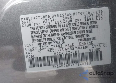 2015 Nissan Sentra S z USA, uszkodzony, nr VIN 3N1AB7AP4FY348730